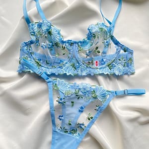 Dantel Detaylı Bebe Mavi Transparan Balconette Sütyen & Tanga Külot Takımı