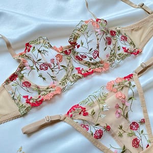 Ten Bordo Desenli Balenli Brode Sütyen & String Takımı