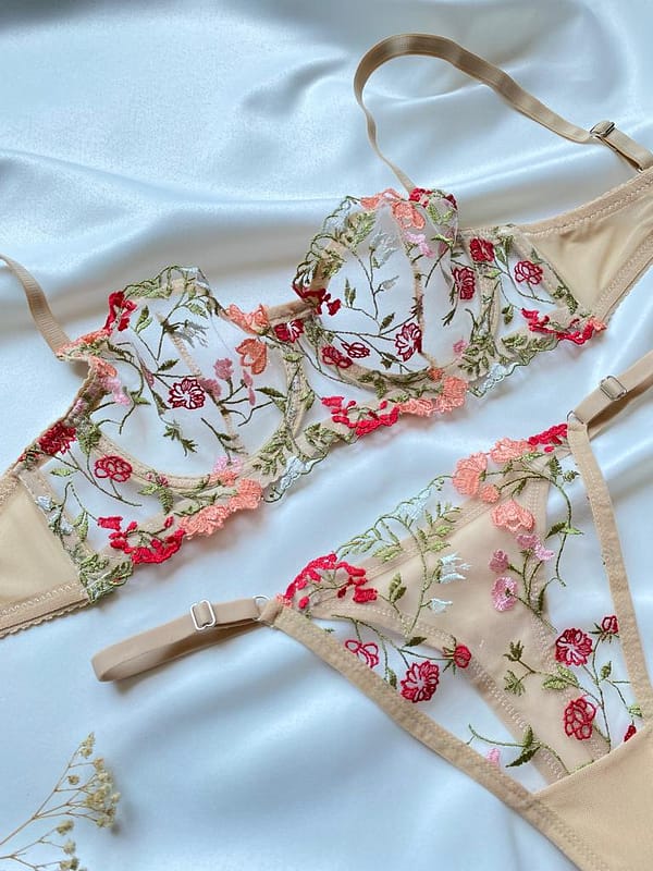 Ten Bordo Desenli Balenli Brode Sütyen & String Takımı
